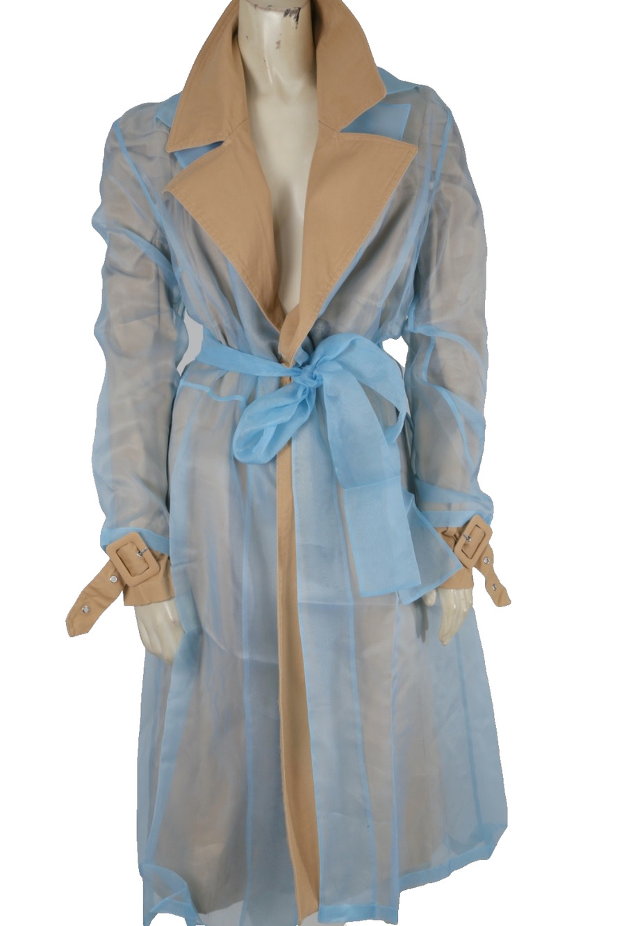 Baby Blue Sheer Organza & Camel Layered Trench Duster Coat M